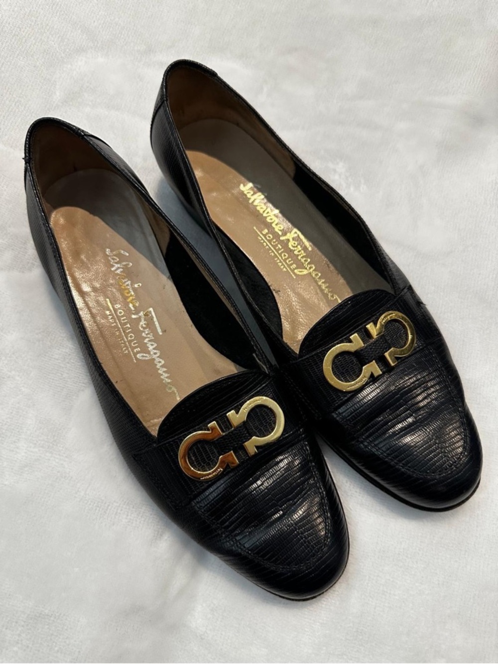 Salvatore Ferragamo Black Leather Loafers with Gold Gancini
